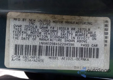 1995 Toyota Corolla Le/Dx from USA, damaged, VIN 1NXAE09B4SZ294598